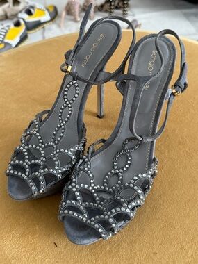 Sergio Rossi Charcoal Gray Crystal-Embellished Open-Toe Slingback Heels